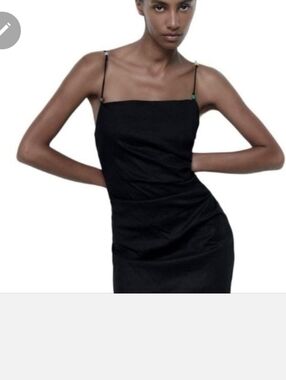 Zara Black Draped Linen Mini Slip Dress with Thin Beaded Straps